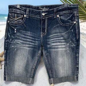 Amethyst Distressed Dark Wash Denim Bermuda Shorts